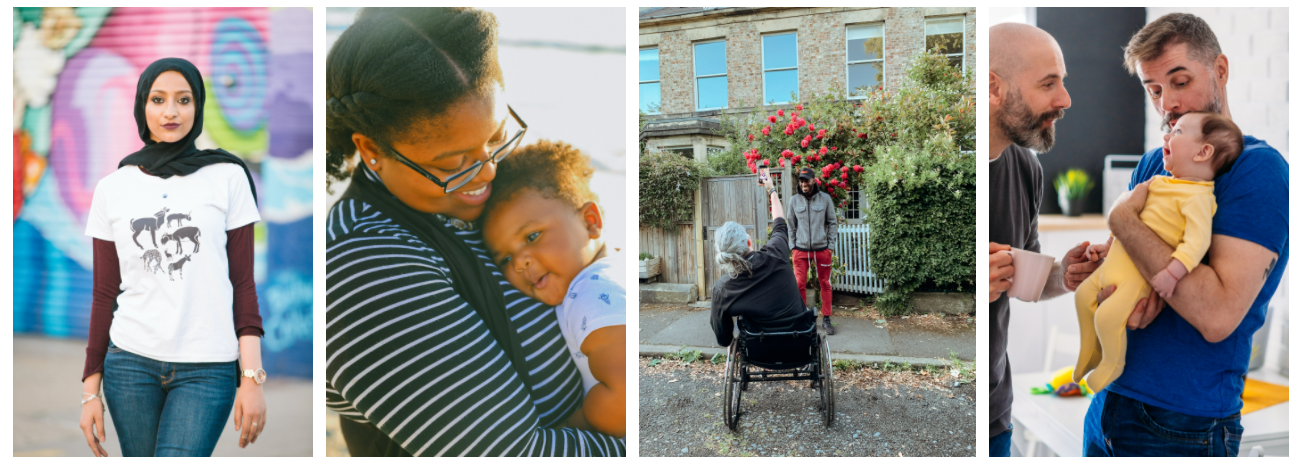 collage of photos: smiling woman wearing hijab; smiling woman holding small child; man in wheelchair taking a photo of another man; two men smiling at a baby