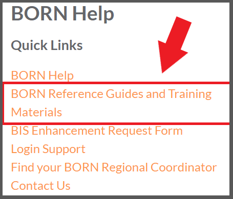 BORN Help screenshot showing BORN Reference Guides and Training Materials highlighted 