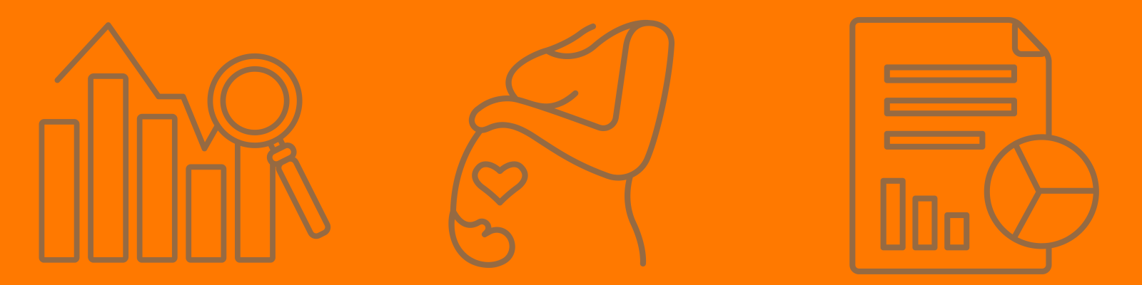 graphics of graphs, reports, magnifying glass, pregnant individual holding belly